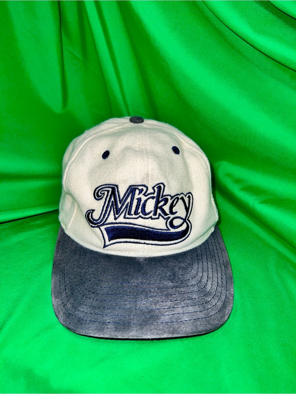 Vintage Disney Mickey Script Embroidered Baseball Cap - White & blue/Gray 🧢🔥